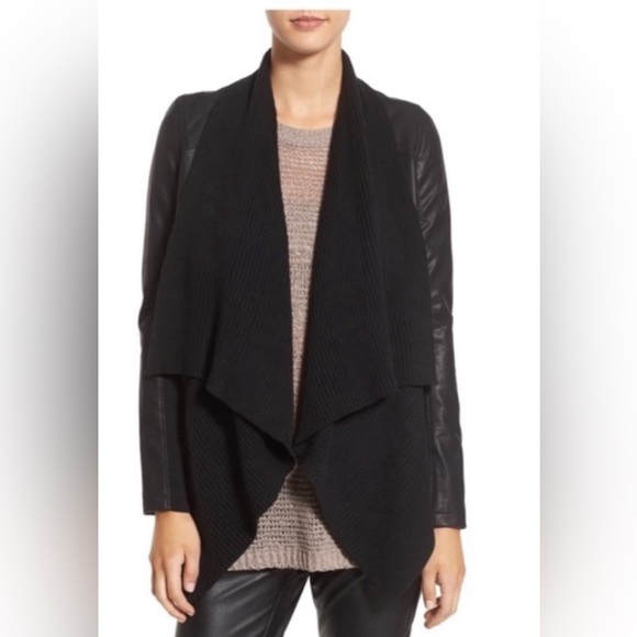 Blank NYC Black All Or Nothing Vegan Leather & Ribbed Knit Moto Drape Jacket NWT - Picture 1 of 6